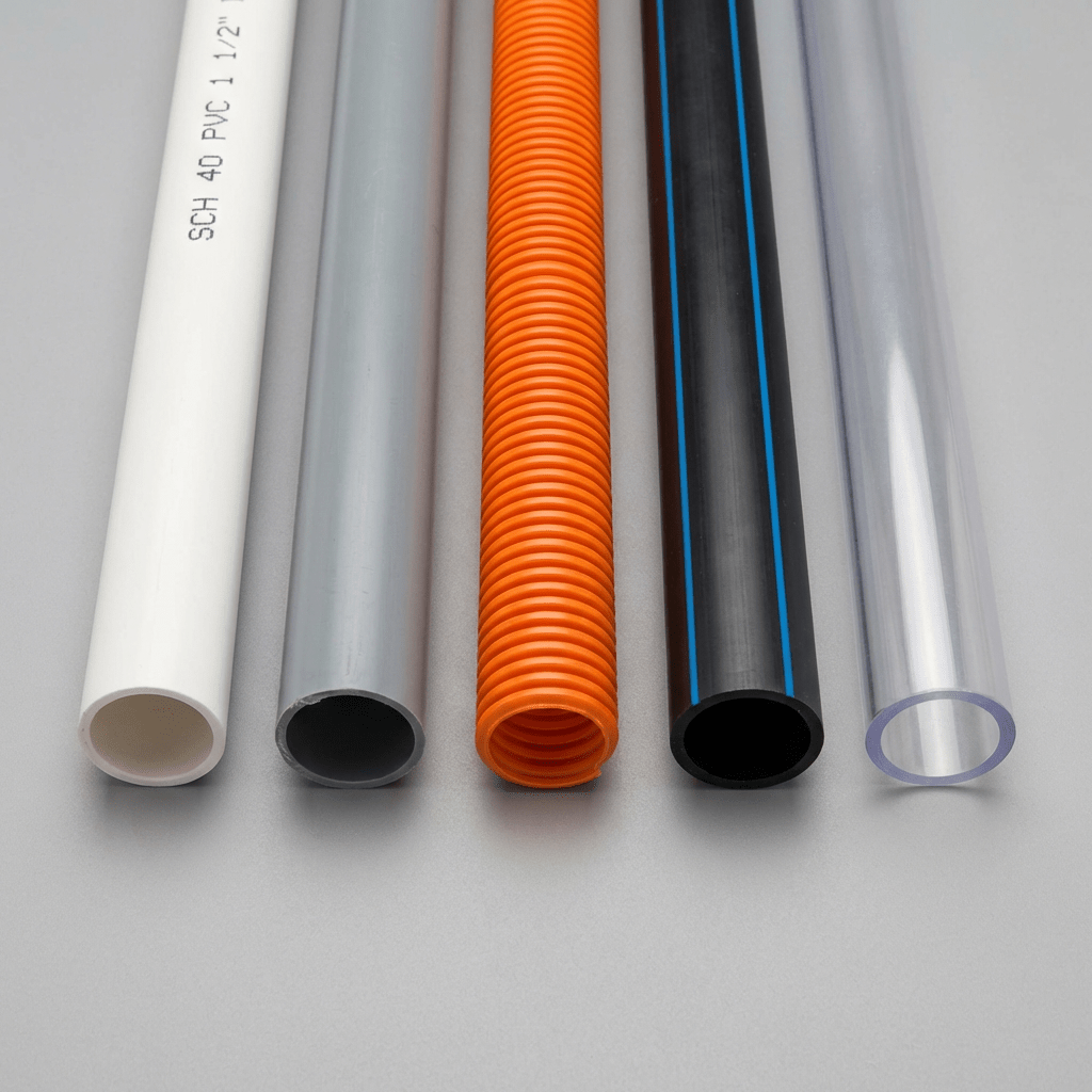 Five vertical pipes including white SCH 40 PVC 1 1/2, orange corrugated, and clear tubing.