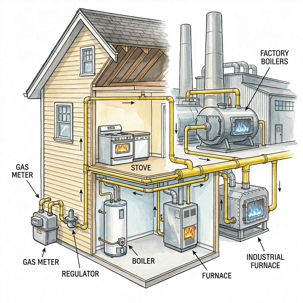 Natural gas system diagram showing GAS METER, REGULATOR, BOILER, FURNACE, STOVE, INDUSTRIAL FURNACE, FACTORY BOILERS.