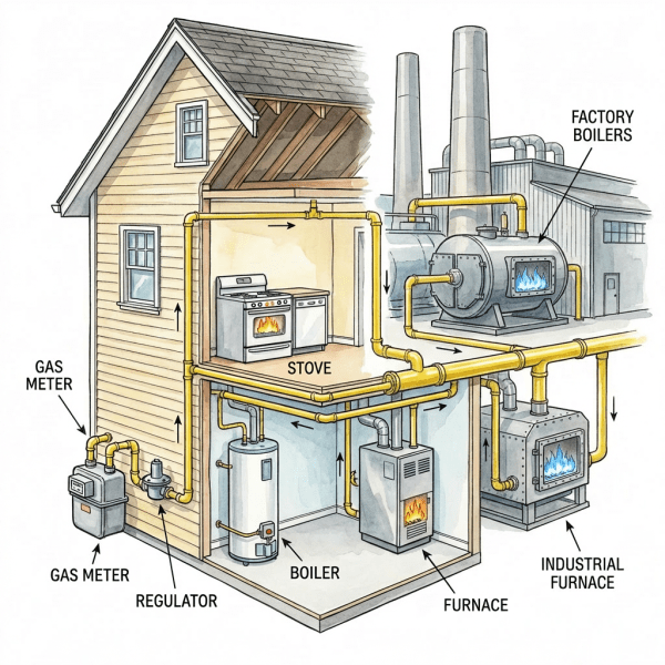 Natural gas system diagram showing GAS METER, REGULATOR, BOILER, FURNACE, STOVE, INDUSTRIAL FURNACE, FACTORY BOILERS.