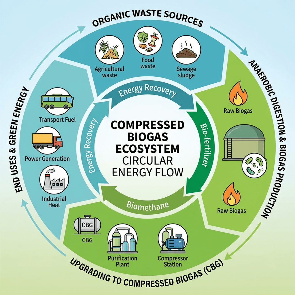 Infographic of circular energy flow from organic waste to compressed biogas and green energy.