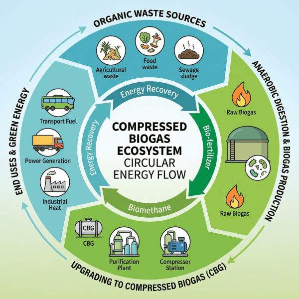 Infographic of circular energy flow from organic waste to compressed biogas and green energy.