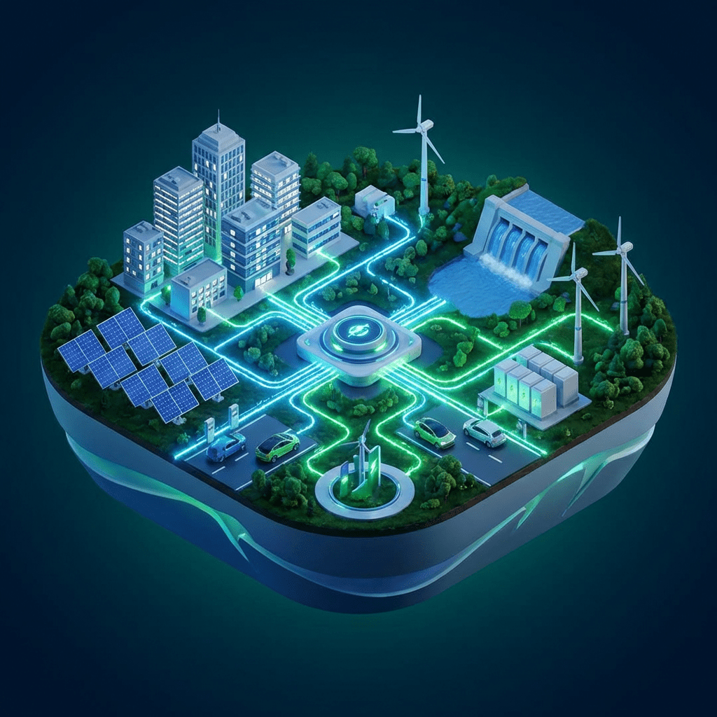 Isometric digital illustration of a city powered by interconnected renewable energy sources.