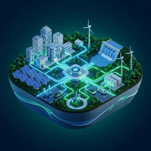 Isometric digital illustration of a city powered by interconnected renewable energy sources.